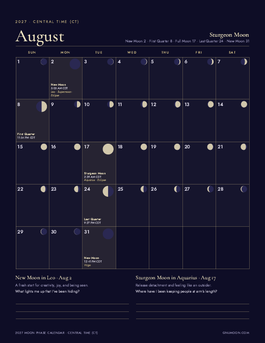 Preview of a monthly page from the 2027 Moon Phase Calendar printable